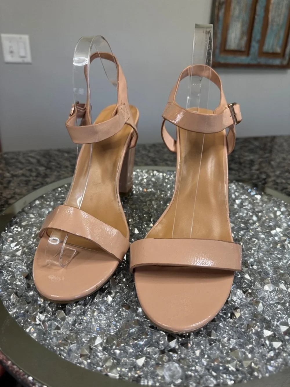 BAMBOO Nude Patent Block Heel Sandals 11